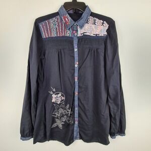 Desigual Women's Button Up Black XL* Roll Tab‎ Long Sleeve Embroidered Top WHY?